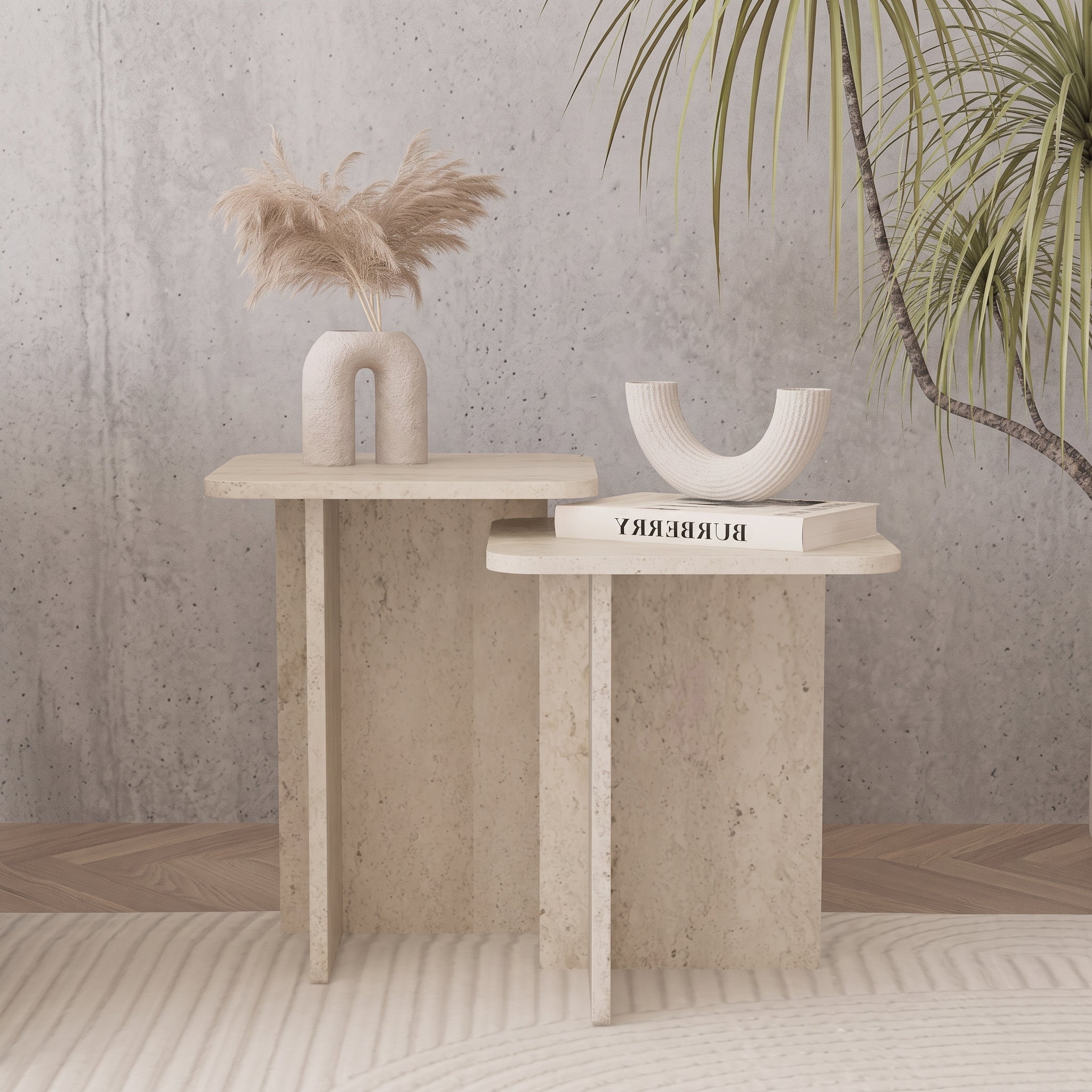 Square Travertine-Look Nesting Coffee Table Set of 2 – Modern Side Tables
