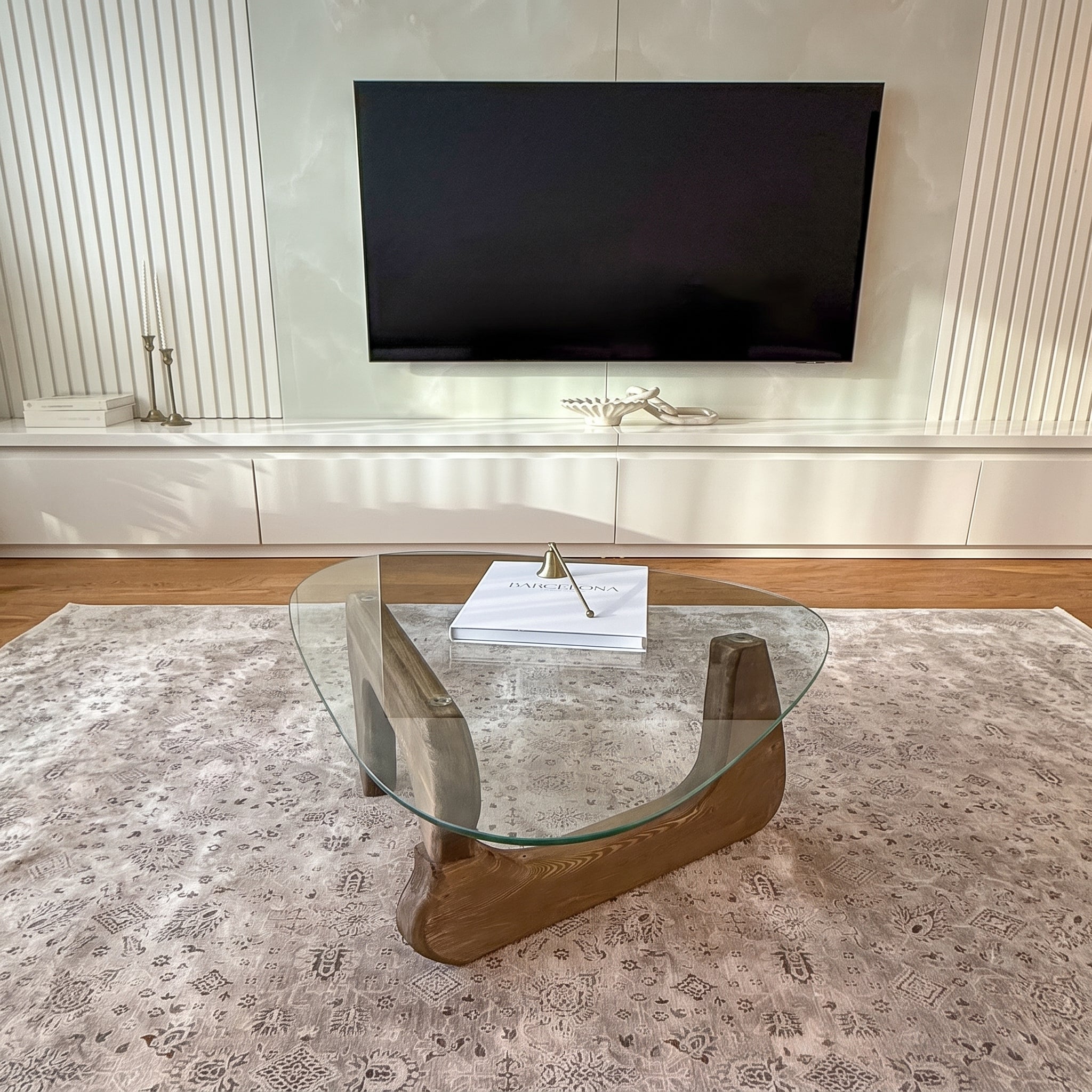 Organic Shape Tempered Glass Coffee Table | Walnut-Colored Wooden Base