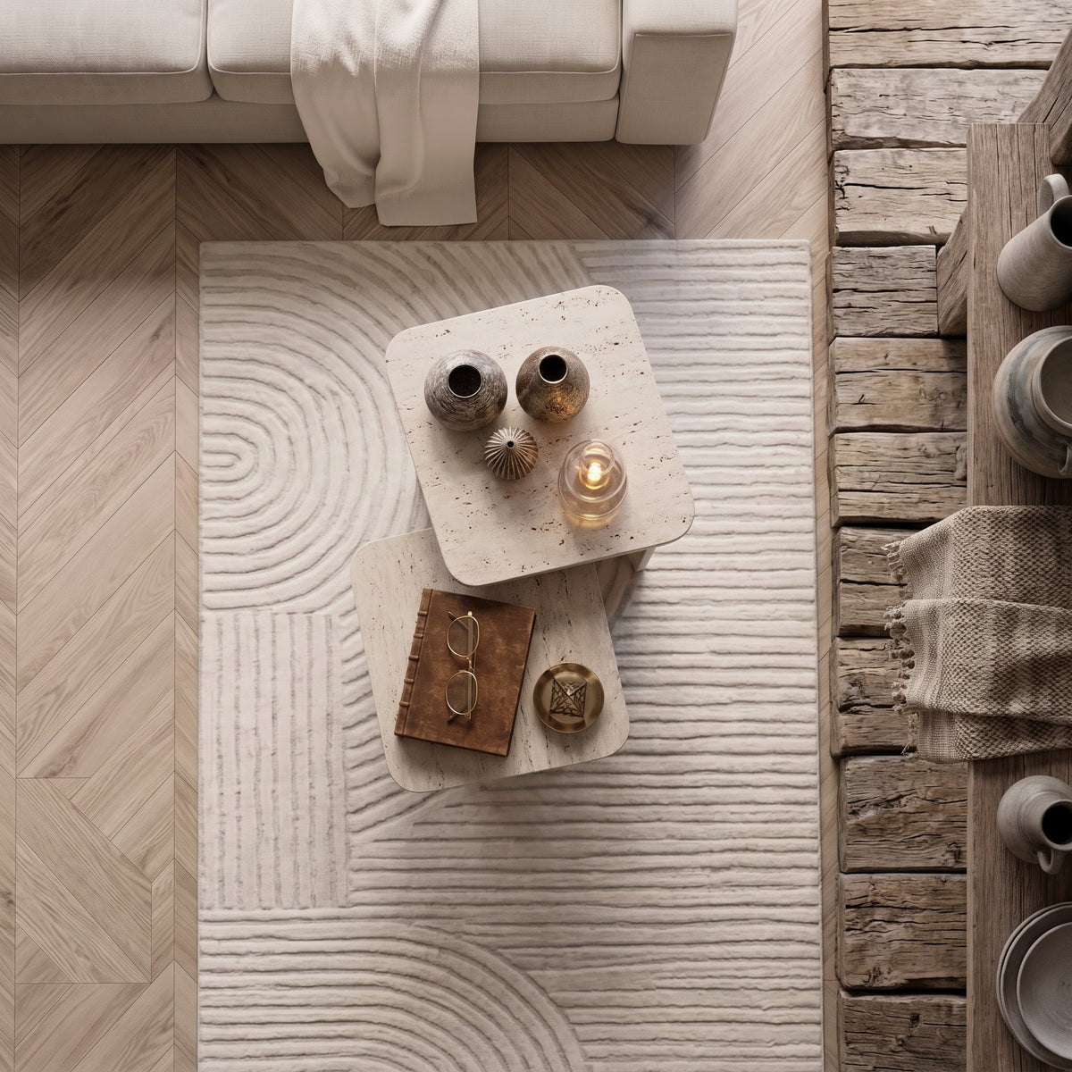 Square Travertine-Look Nesting Coffee Table Set of 2 – Modern Side Tables