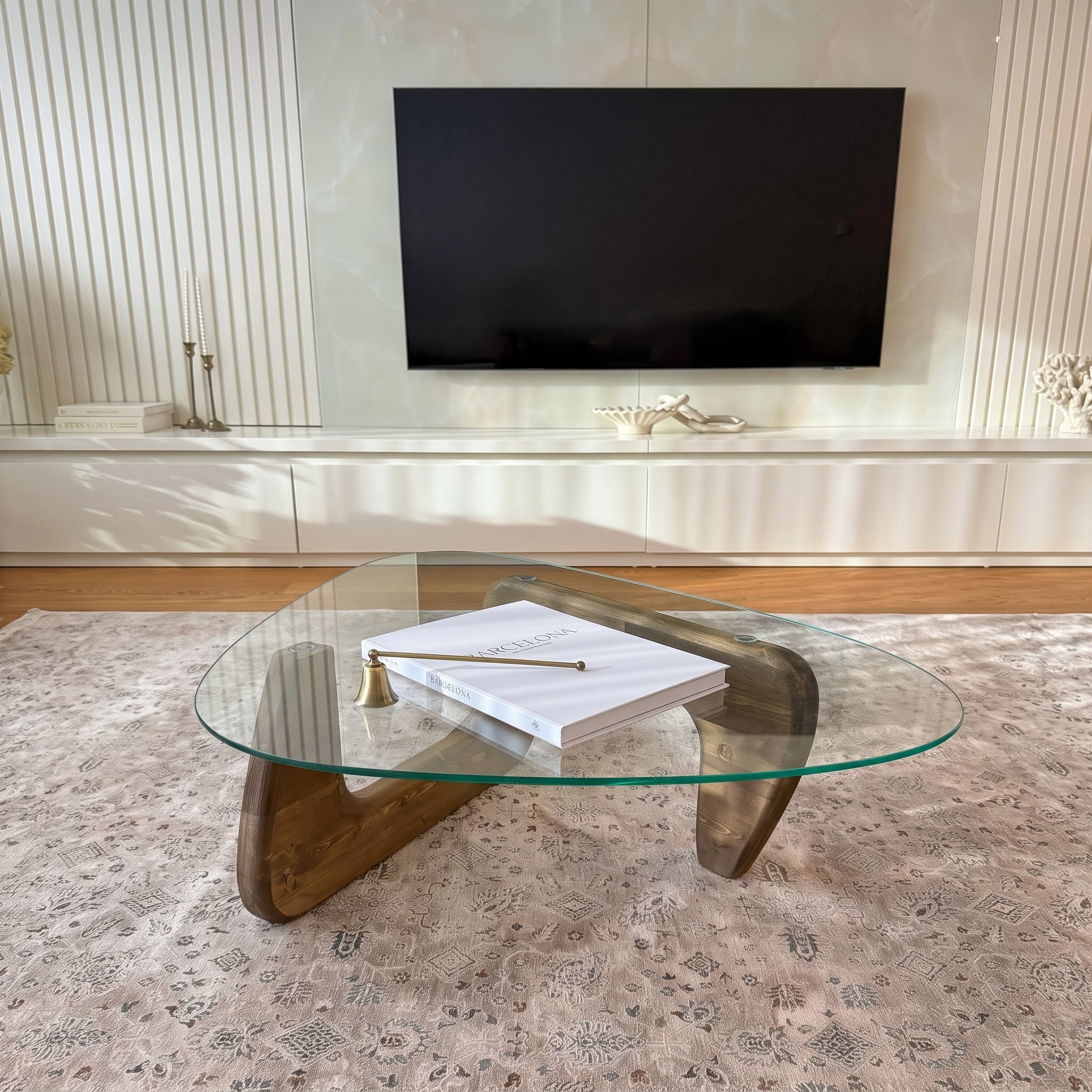 Organic Shape Tempered Glass Coffee Table | Walnut-Colored Wooden Base