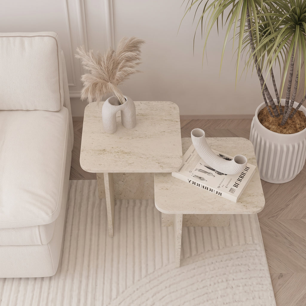 Square Travertine-Look Nesting Coffee Table Set of 2 – Modern Side Tables
