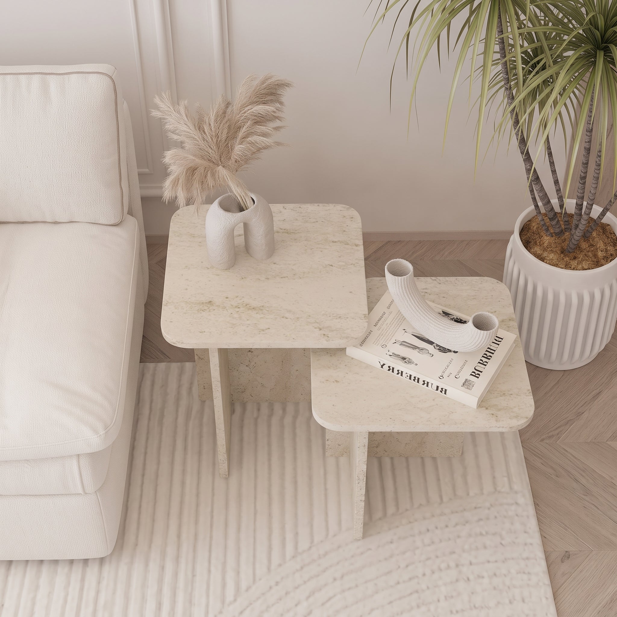 Square Travertine-Look Nesting Coffee Table Set of 2 – Modern Side Tables