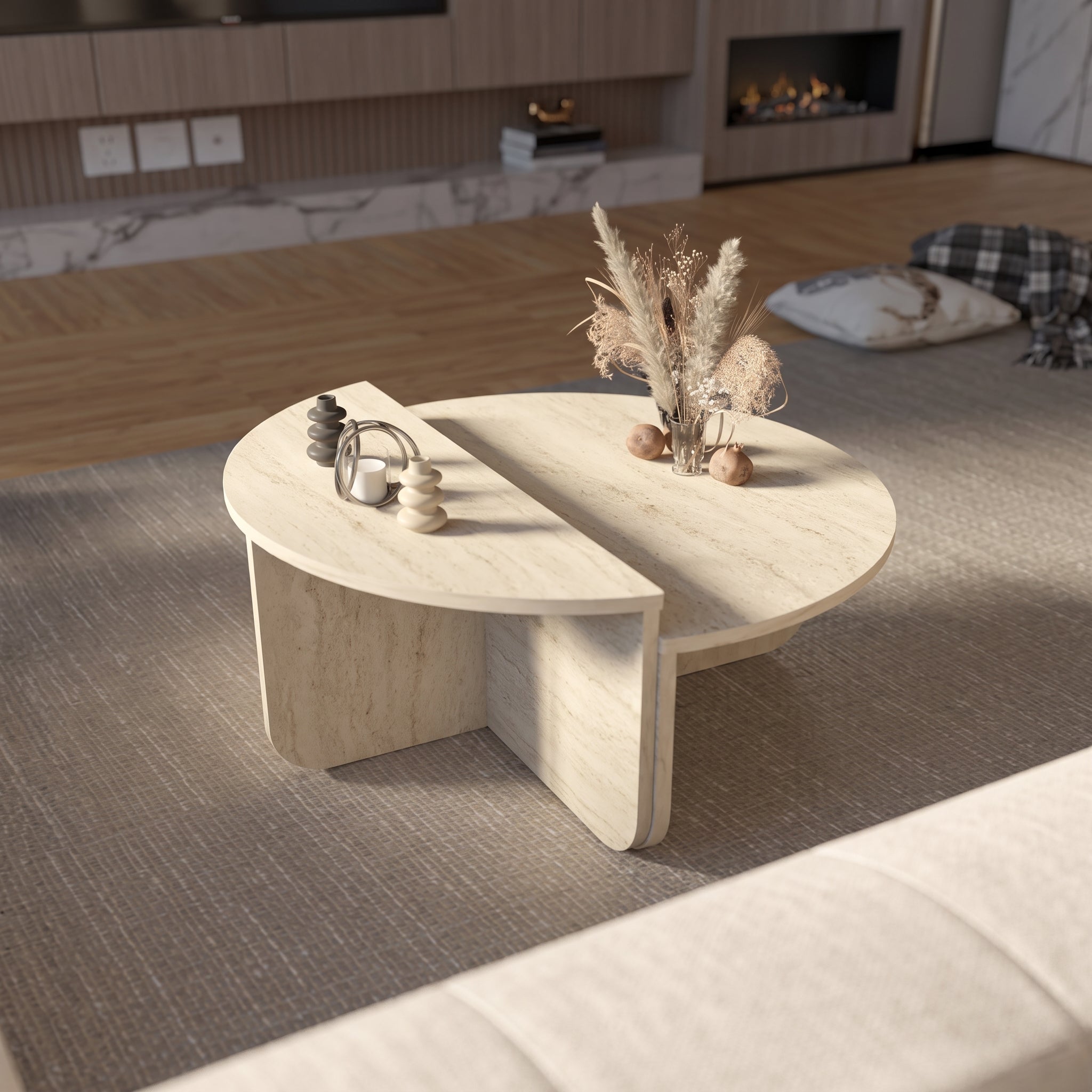 Scandinavian Nesting Coffee Table – Modern Travertine-Look Design
