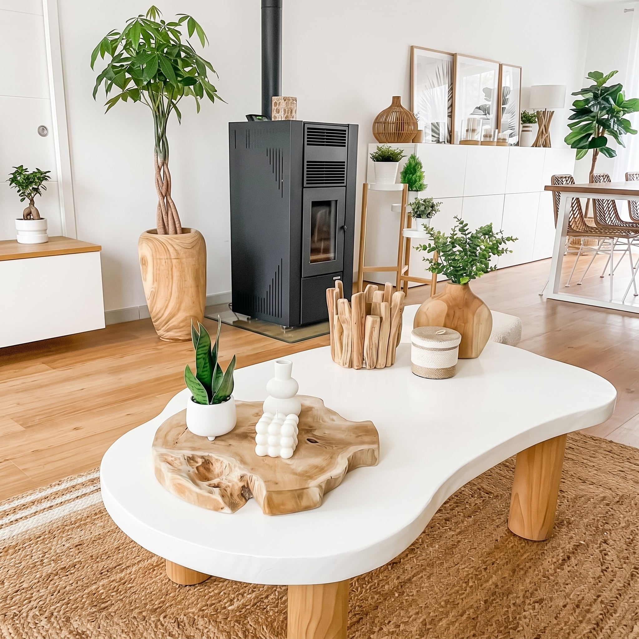 Modern White Organic Coffee Table with Natural Wood Legs