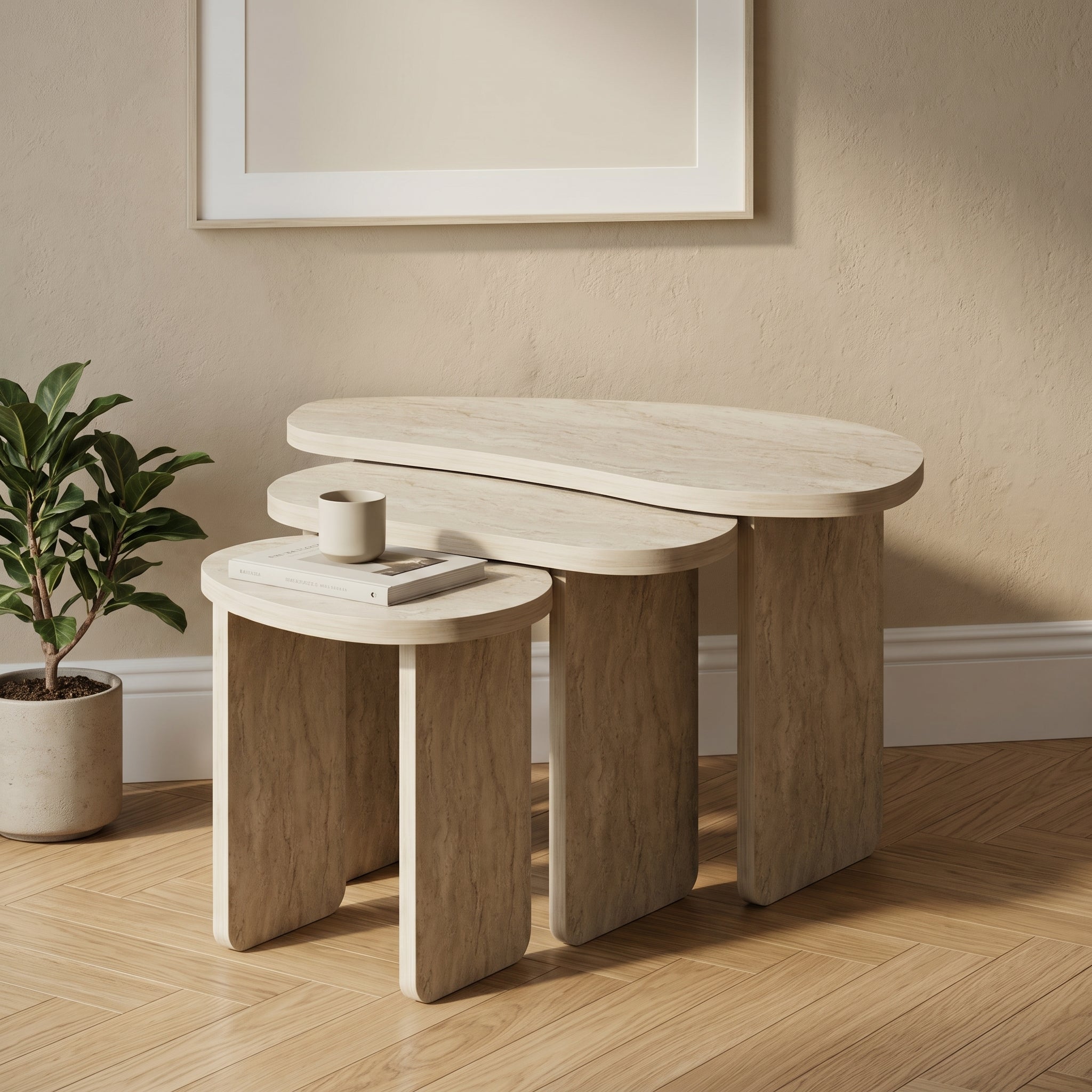 Travertine-Look Nesting Coffee Table Set of 3 – Modern Side Tables