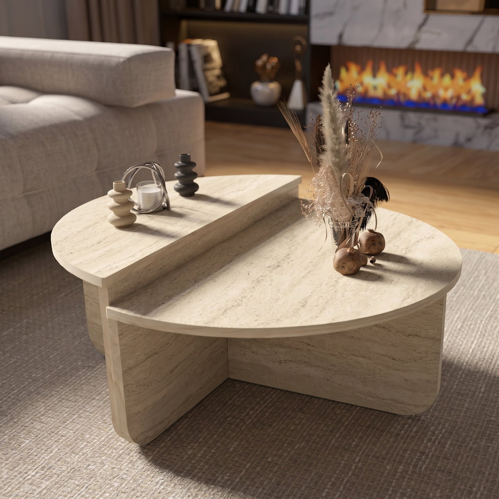 Scandinavian Nesting Coffee Table – Modern Travertine-Look Design
