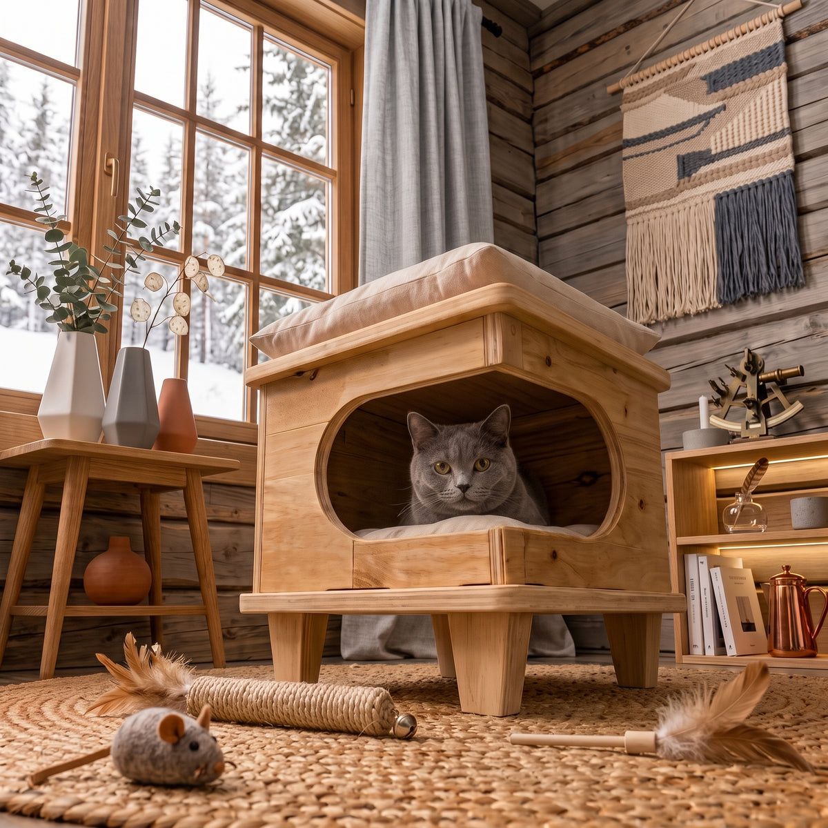 2-in-1 Personalized Natural Wood Cat House & Stool – Poplar Wood Cat Bed with Lambswool Cushions