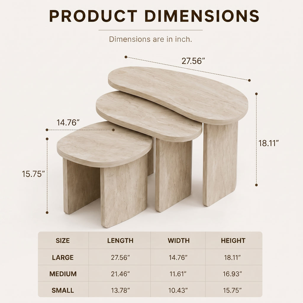 Travertine-Look Nesting Coffee Table Set of 3 – Modern Side Tables