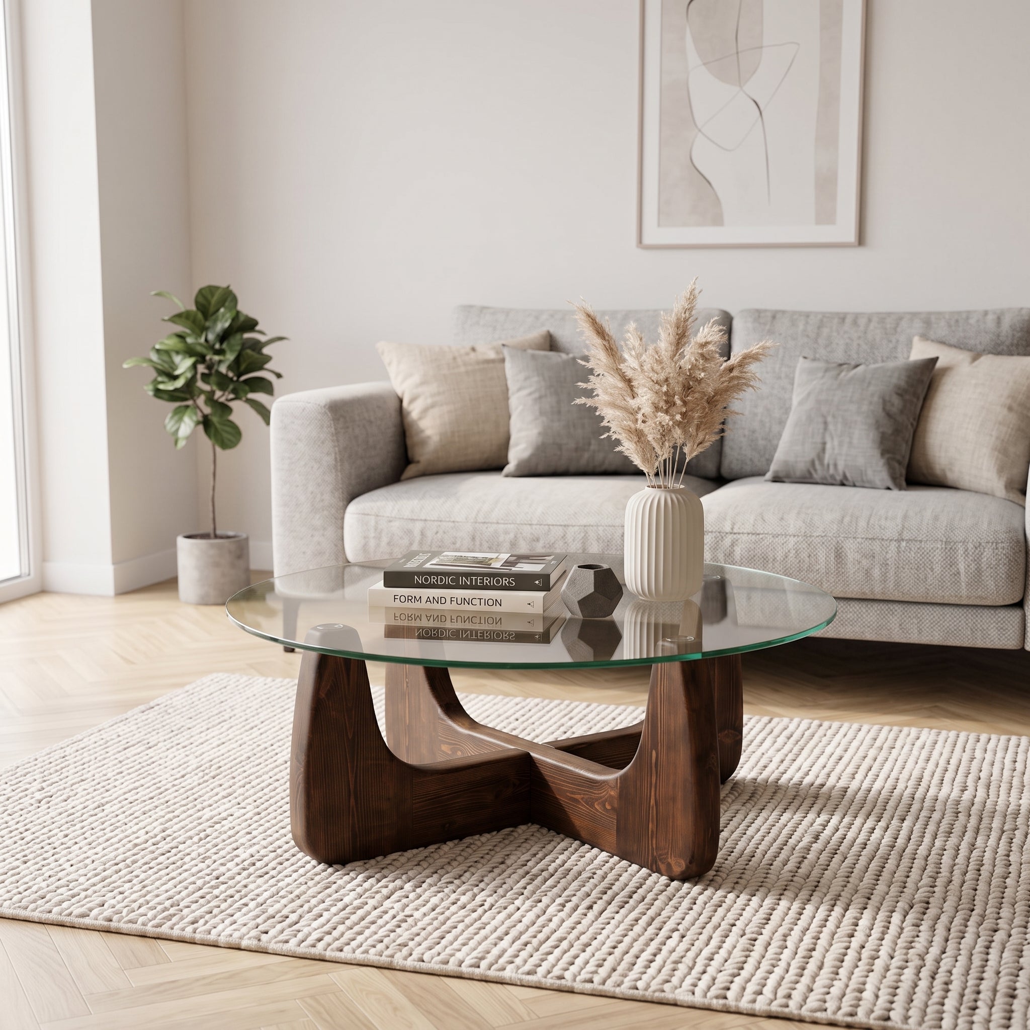 Round Tempered Glass Coffee Table | Walnut-Colored Wooden Base