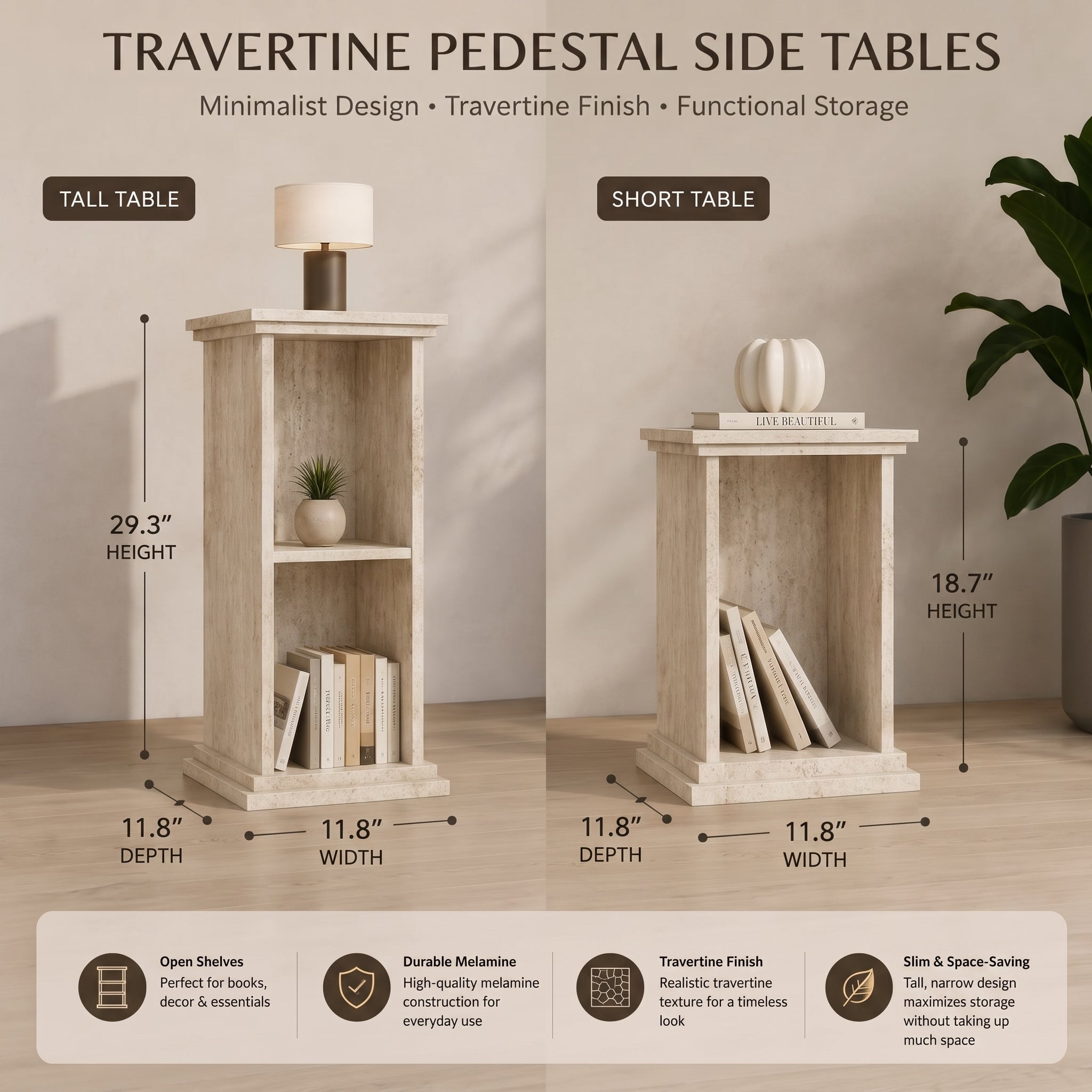 Set of 2 Column-Style Side Tables – Modern Bohemian Design with Travertine-Inspired Finish