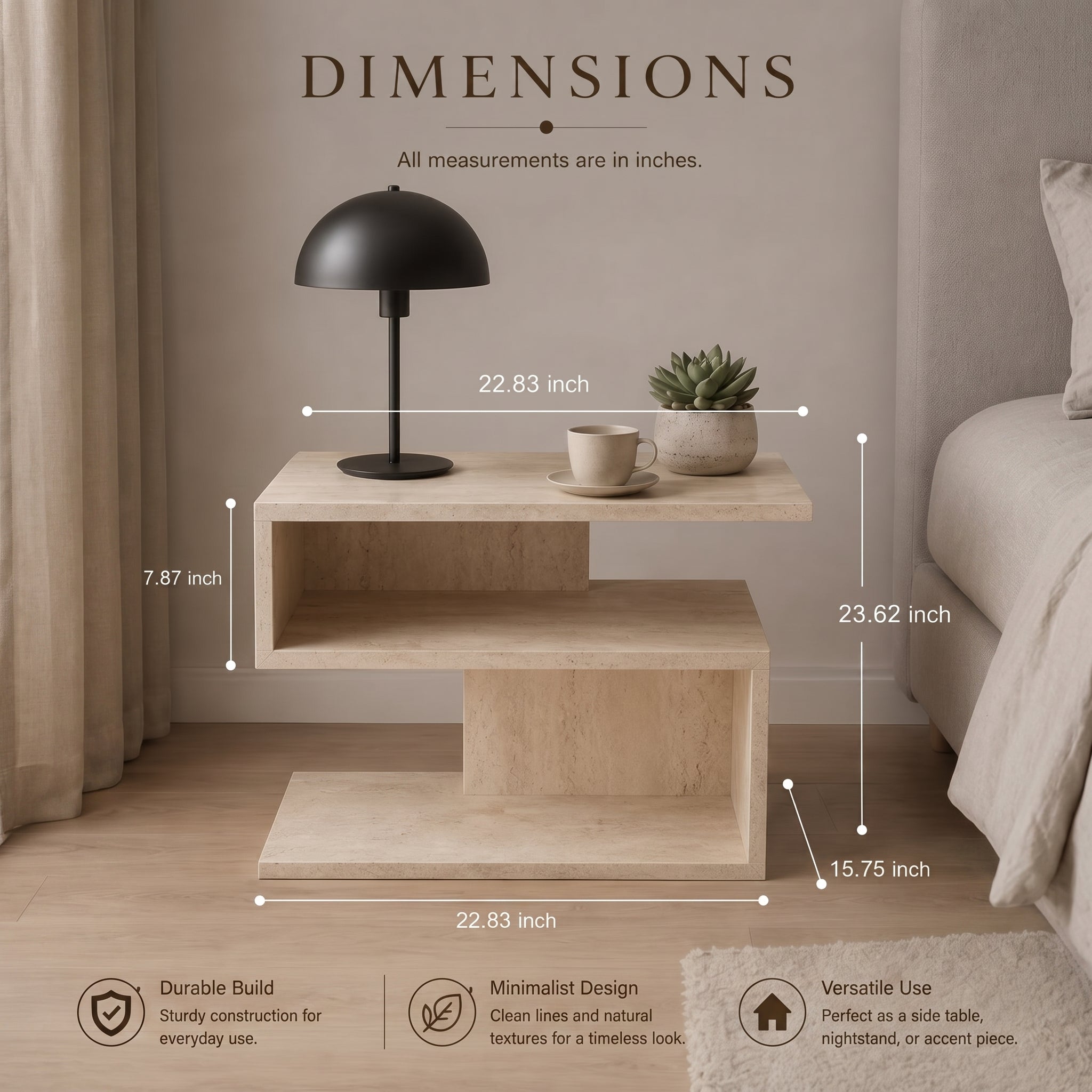Scandinavian Travertine-Look C-Shaped Nightstand with Open Shelf