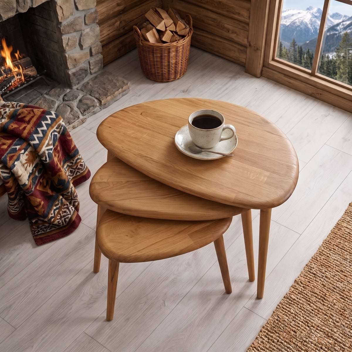 Solid Wood Nesting Coffee Table Set of 3 – Mid-Century Modern Side Tables