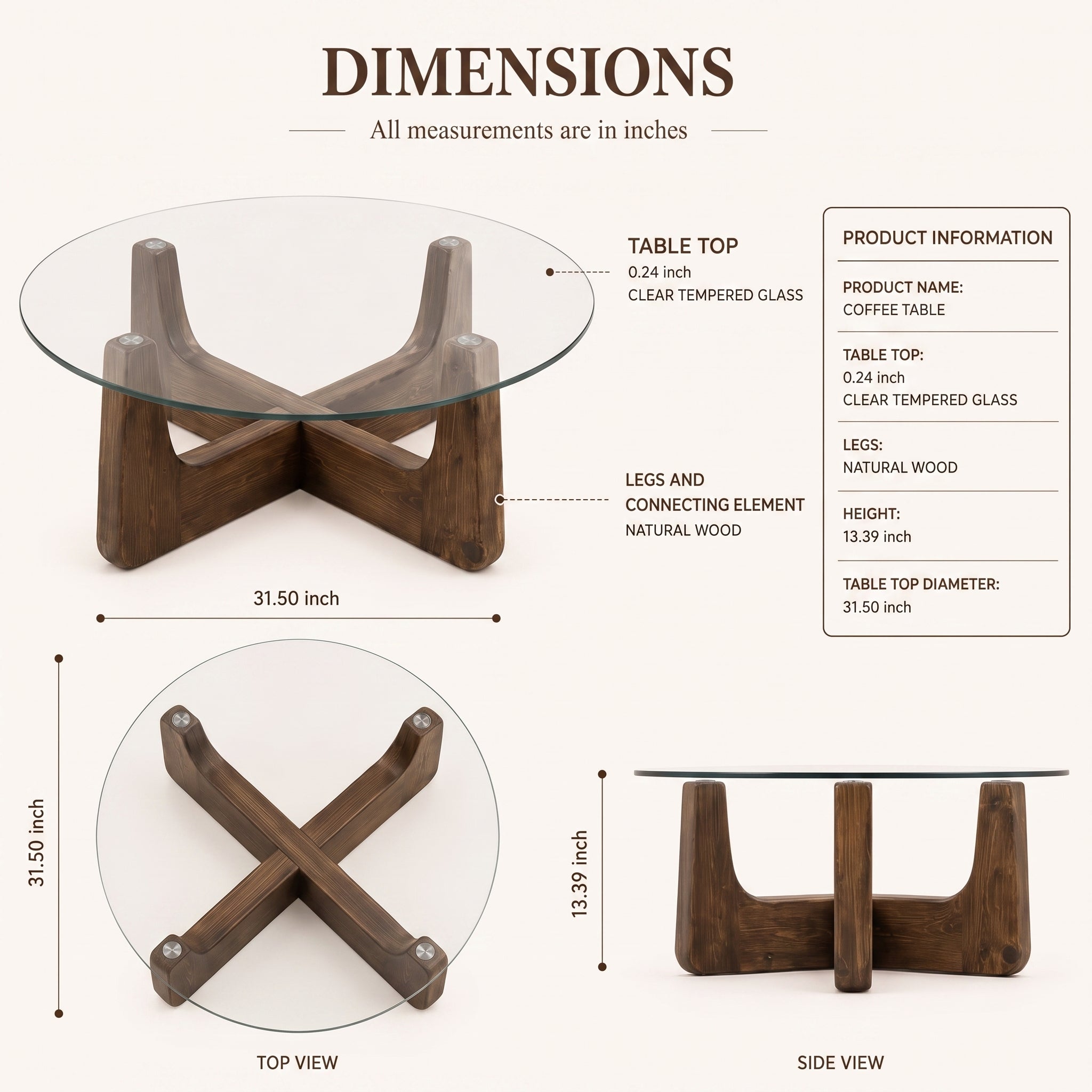 Round Tempered Glass Coffee Table | Walnut-Colored Wooden Base
