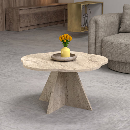 Flower-Shaped Travertine Look Coffee Table – Modern Sculptural Accent Table