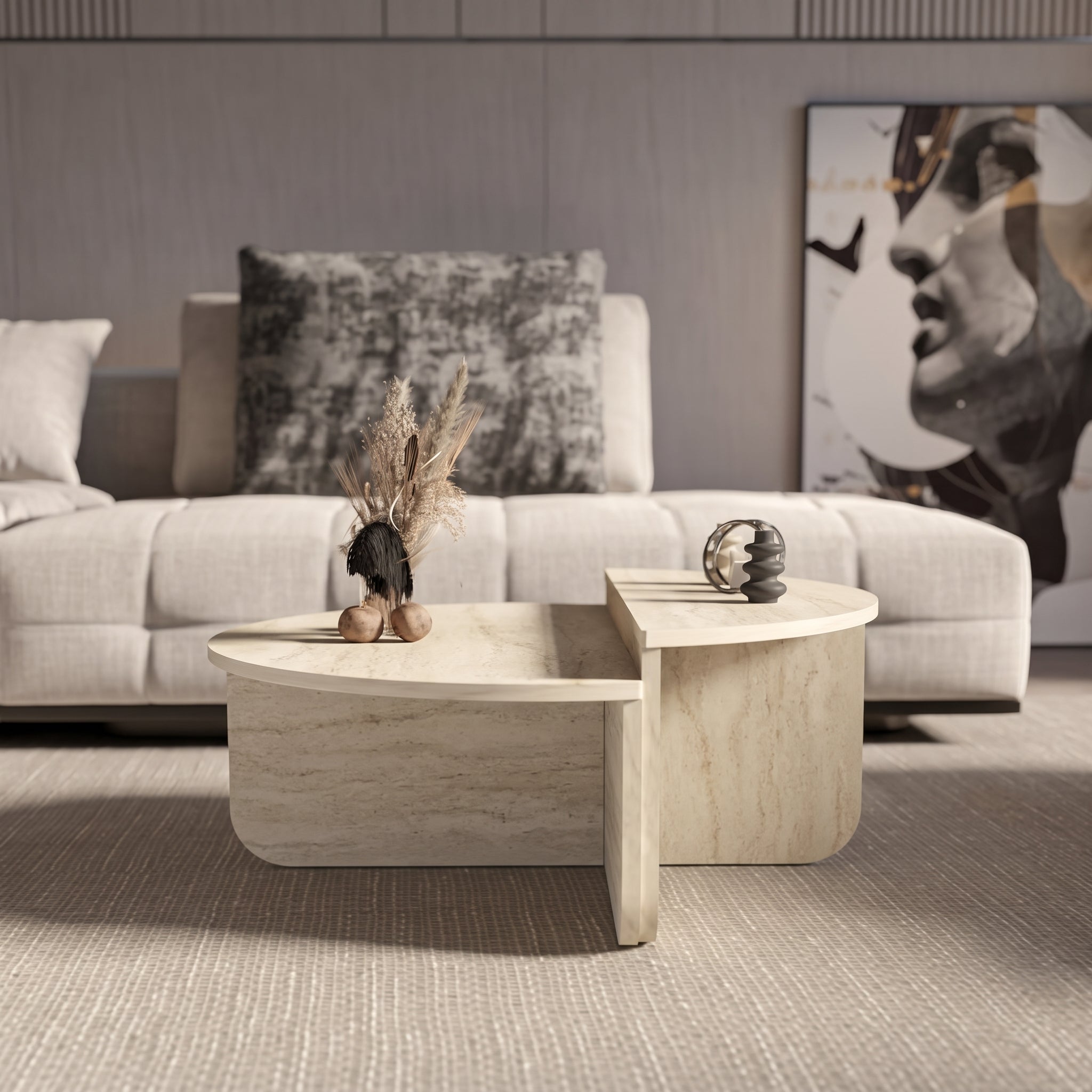Scandinavian Nesting Coffee Table – Modern Travertine-Look Design