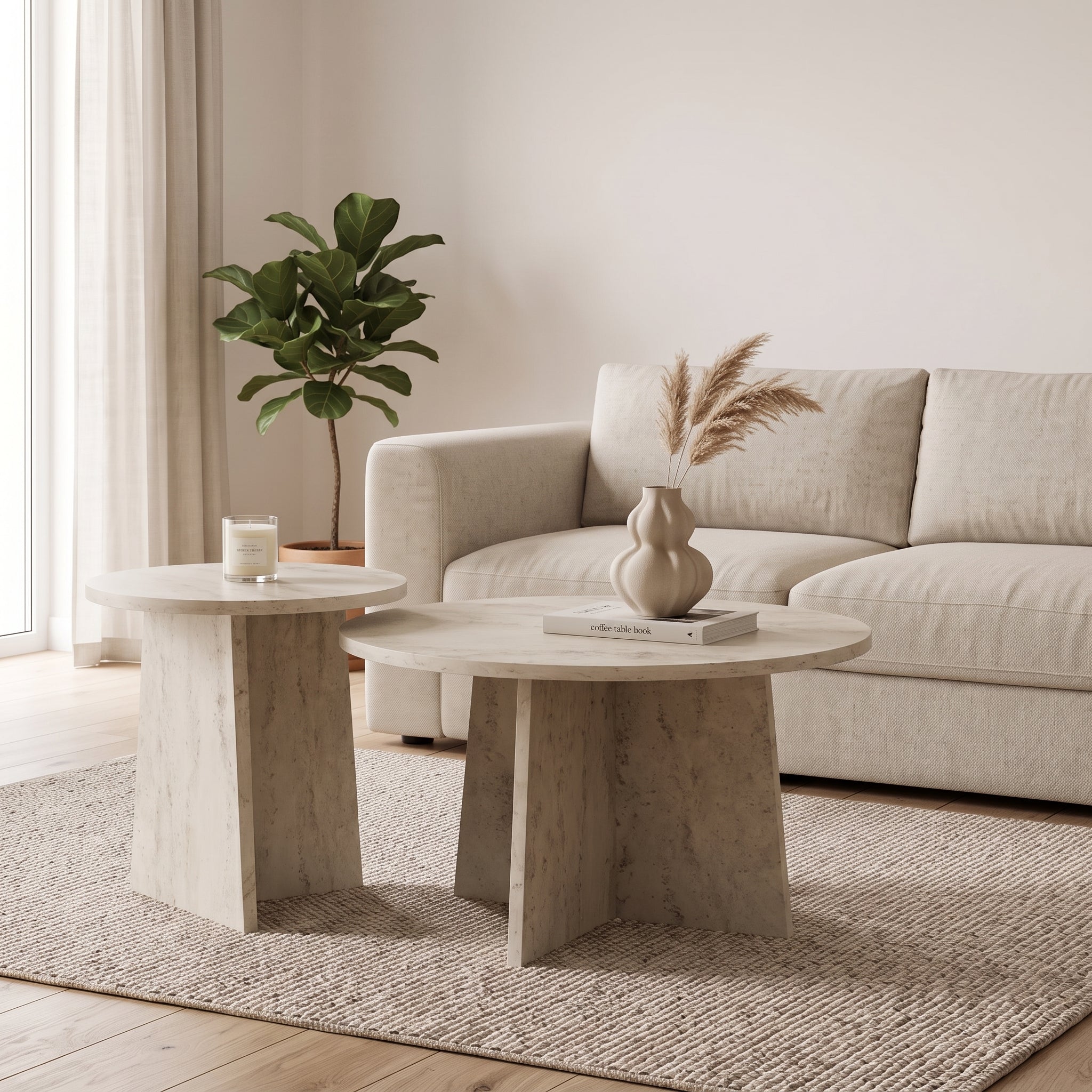 Set of 2 Round Coffee Tables | Travertine Effect Modern Living Room Tables