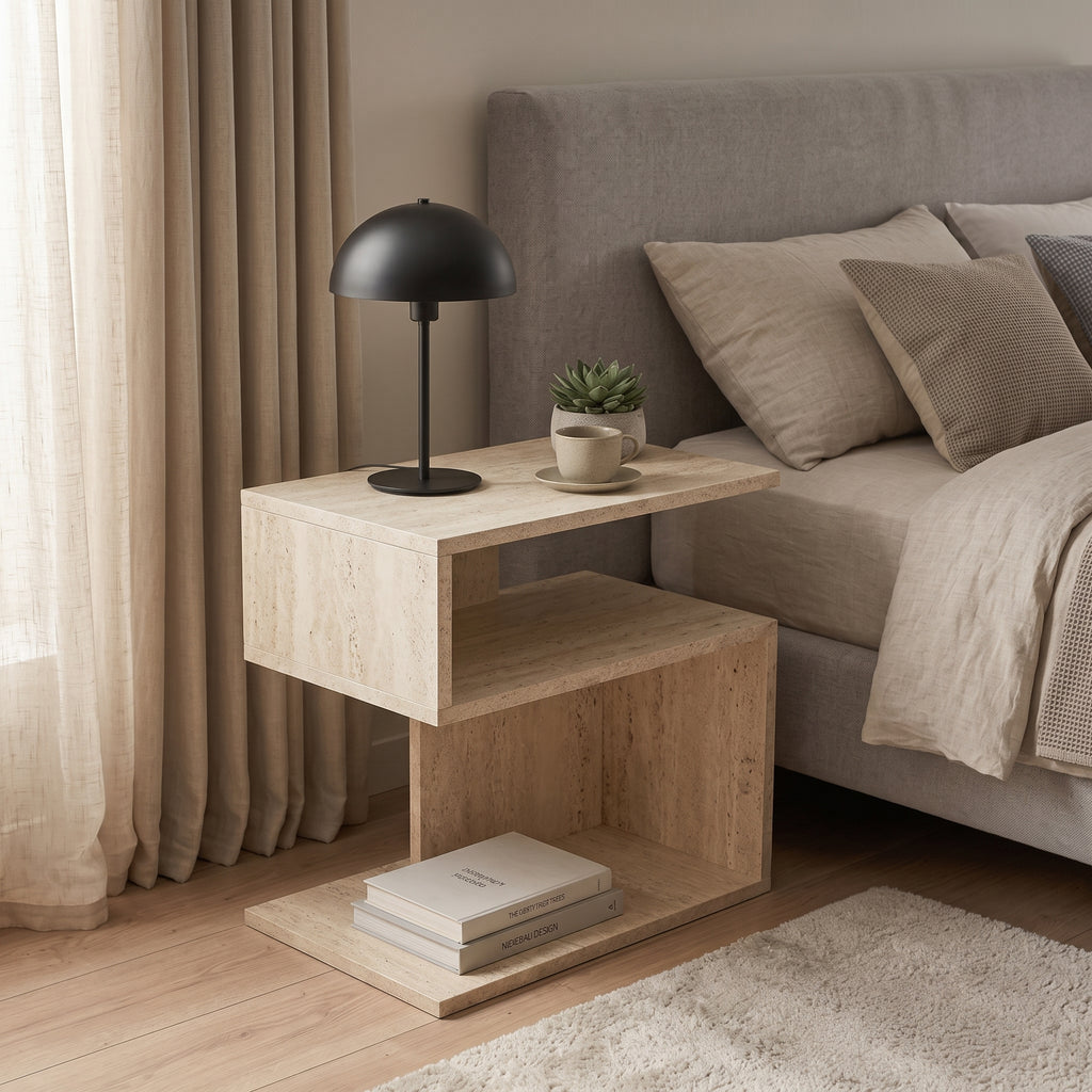 Scandinavian Travertine-Look C-Shaped Nightstand with Open Shelf