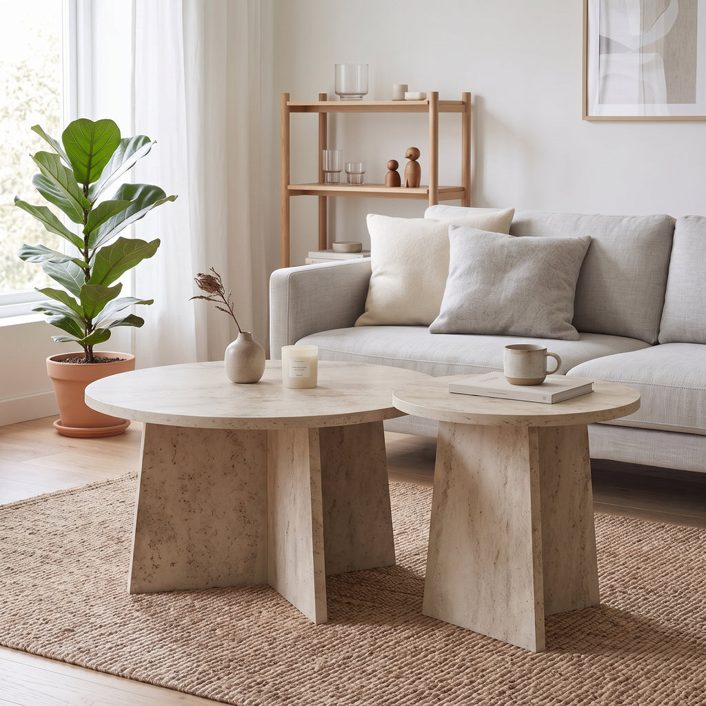 Set of 2 Round Coffee Tables | Travertine Effect Modern Living Room Tables