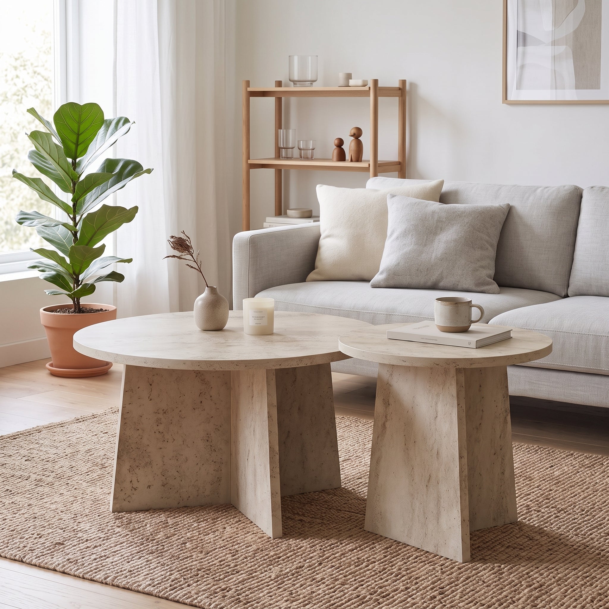 Set of 2 Round Coffee Tables | Travertine Effect Modern Living Room Tables