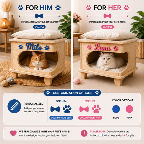 2-in-1 Personalized Natural Wood Cat House & Stool – Poplar Wood Cat Bed with Lambswool Cushions