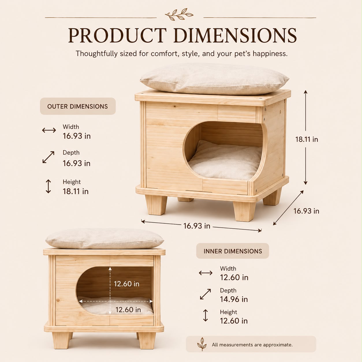 2-in-1 Personalized Natural Wood Cat House & Stool – Poplar Wood Cat Bed with Lambswool Cushions