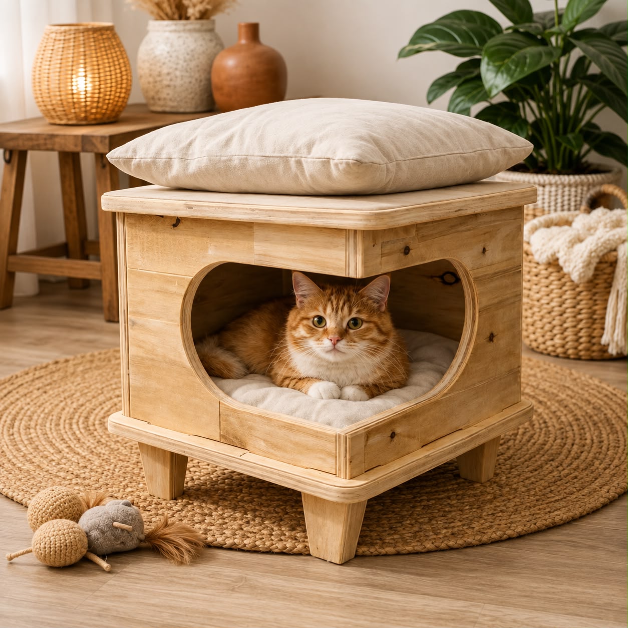 2-in-1 Personalized Natural Wood Cat House & Stool – Poplar Wood Cat Bed with Lambswool Cushions