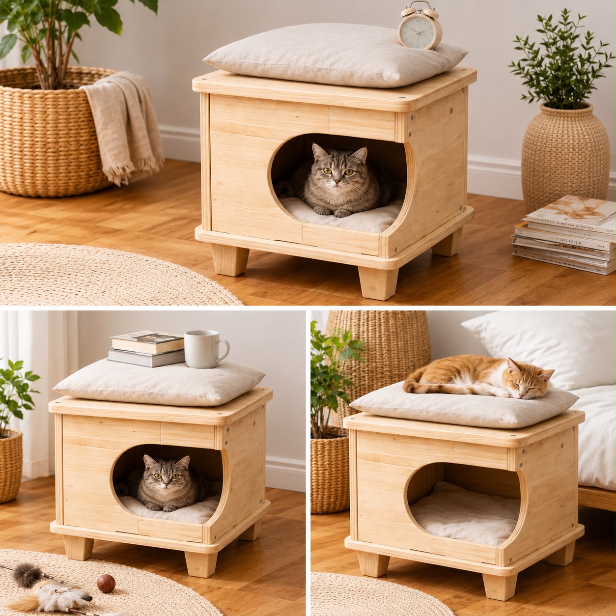 2-in-1 Personalized Natural Wood Cat House & Stool – Poplar Wood Cat Bed with Lambswool Cushions