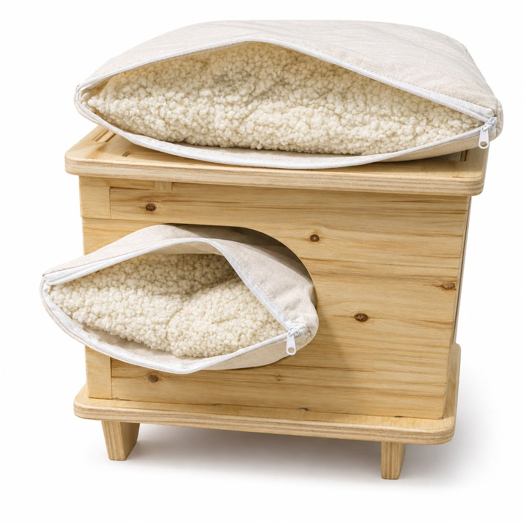 2-in-1 Personalized Natural Wood Cat House & Stool – Poplar Wood Cat Bed with Lambswool Cushions