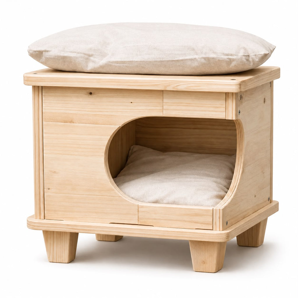 2-in-1 Personalized Natural Wood Cat House & Stool – Poplar Wood Cat Bed with Lambswool Cushions