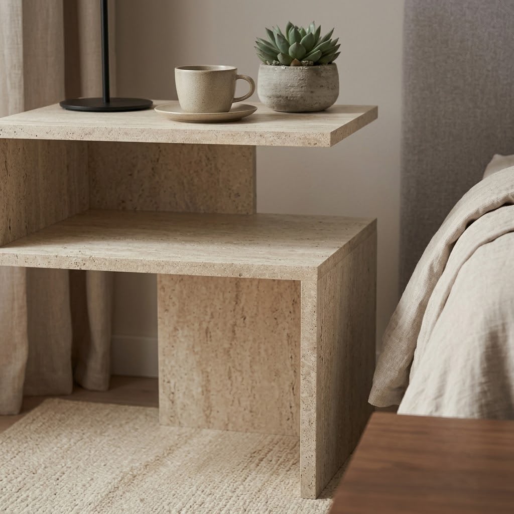 Scandinavian Travertine-Look C-Shaped Nightstand with Open Shelf