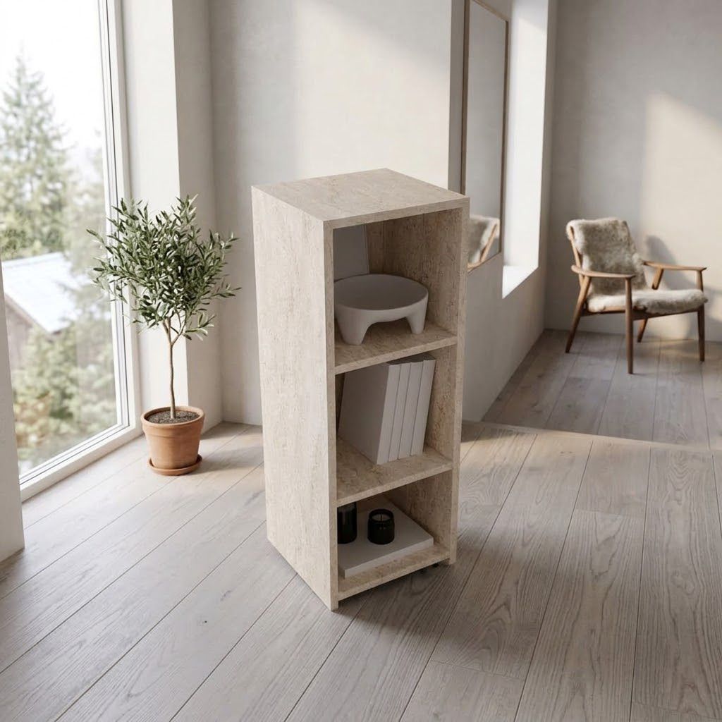 Travertine Side Table with Open Shelves | Modern End Table