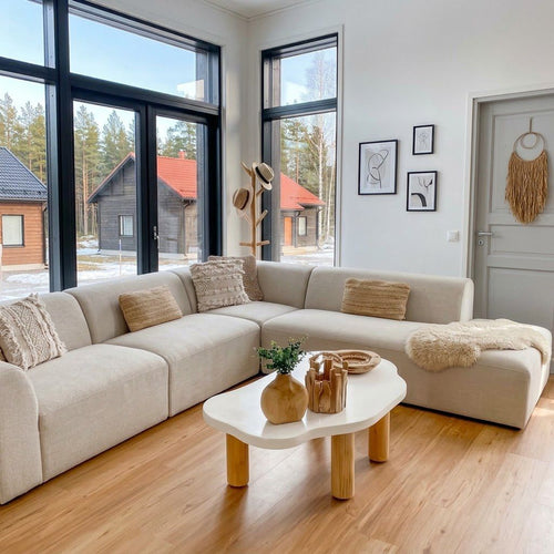 Modern White Organic Coffee Table with Natural Wood Legs