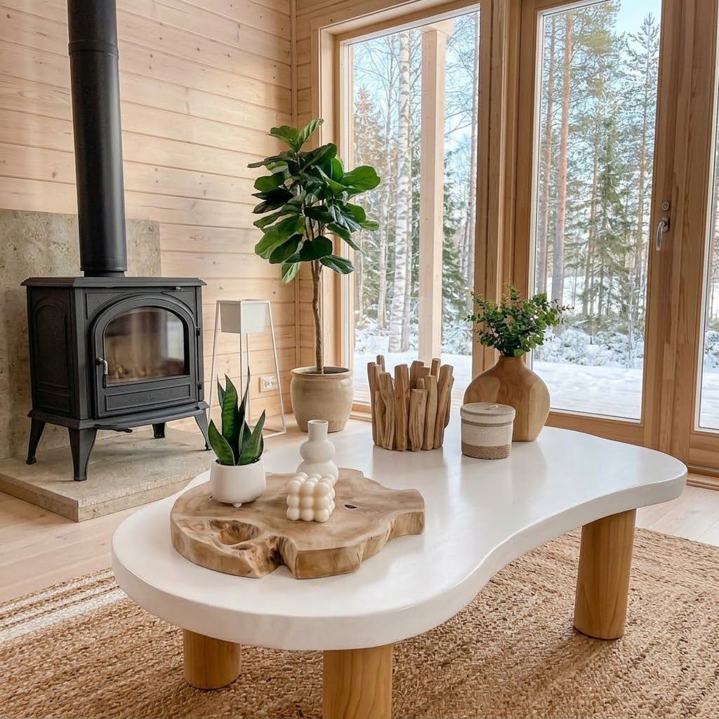 Modern White Organic Coffee Table with Natural Wood Legs