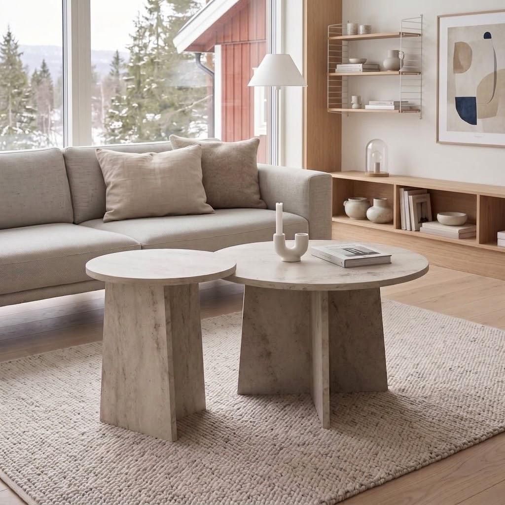Set of 2 Round Coffee Tables | Travertine Effect Modern Living Room Tables