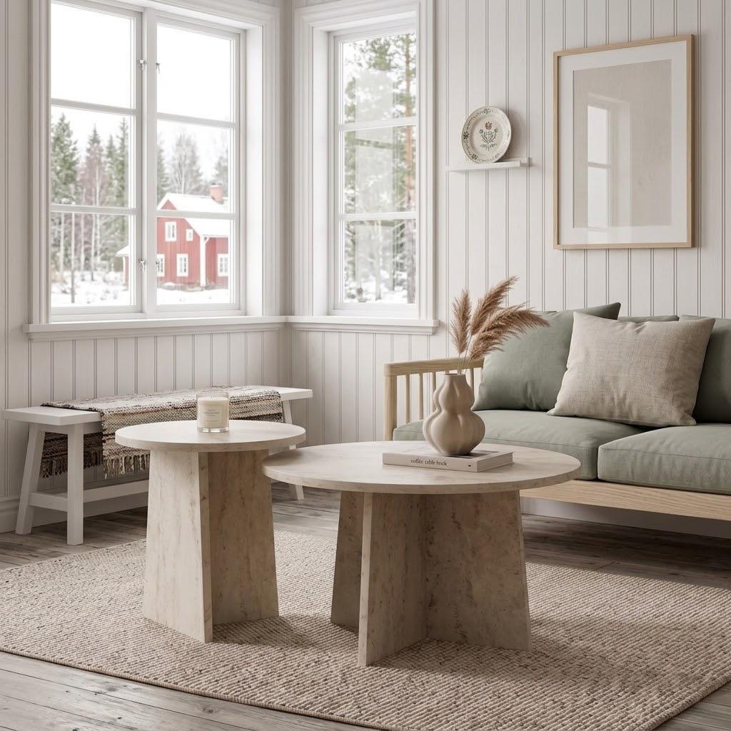 Set of 2 Round Coffee Tables | Travertine Effect Modern Living Room Tables
