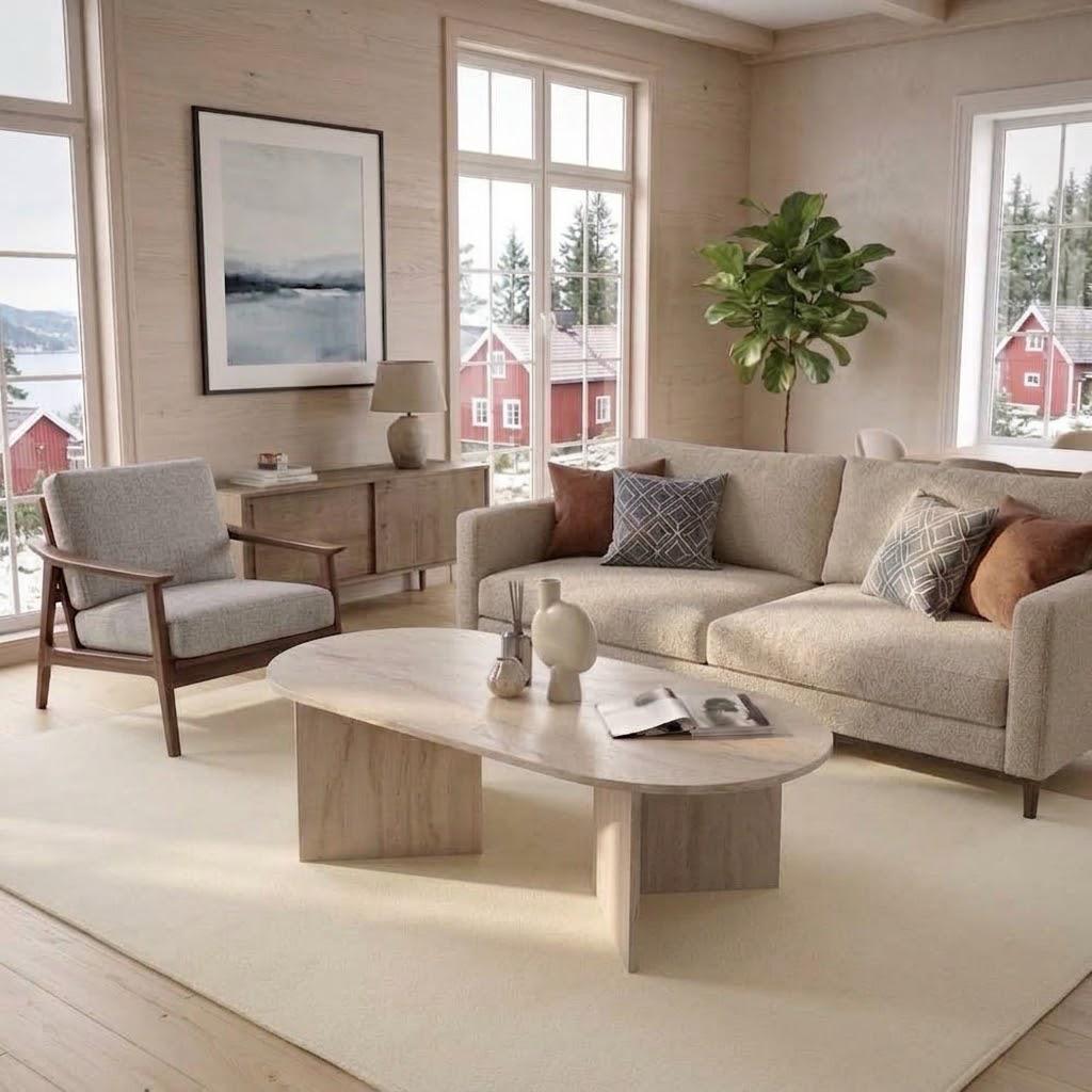 Travertine Effect Elliptical Coffee Table | Modern Living Room Table