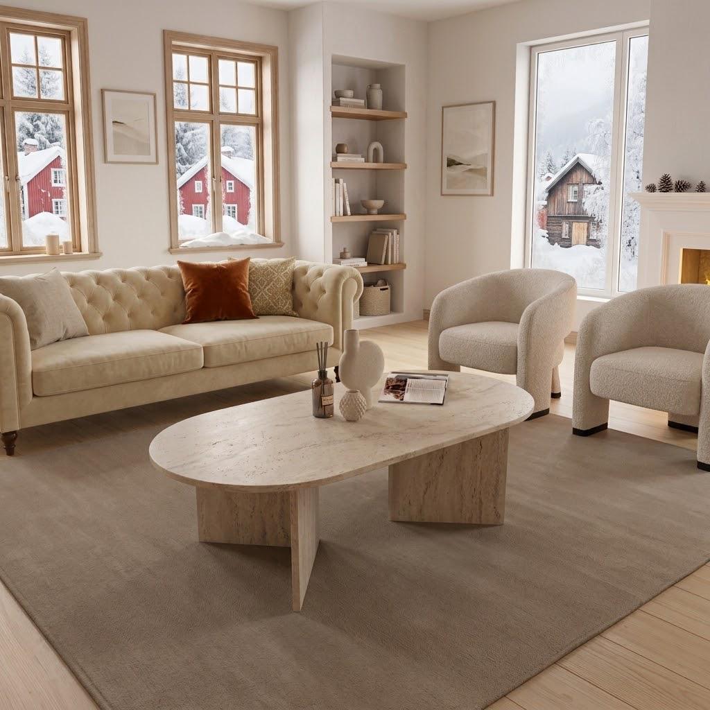 Travertine Effect Elliptical Coffee Table | Modern Living Room Table