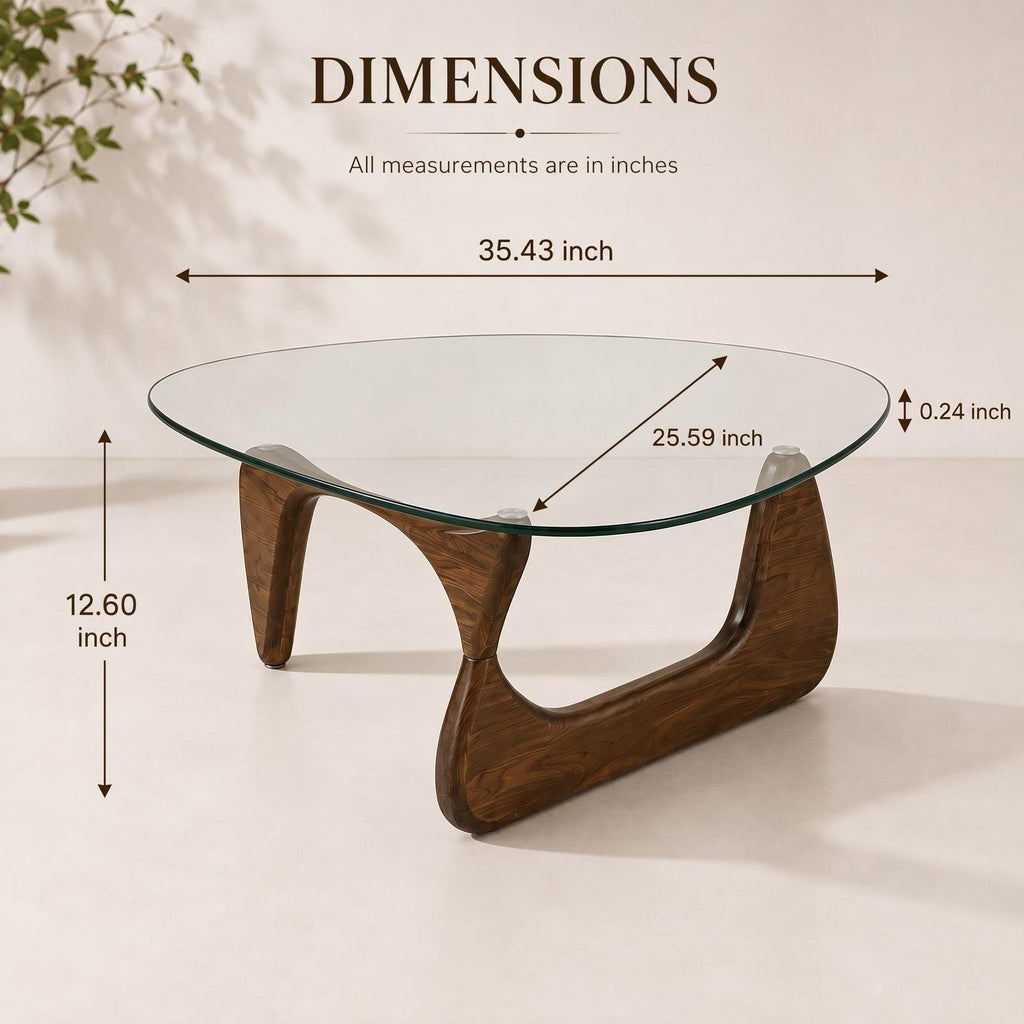 Organic Shape Tempered Glass Coffee Table | Walnut-Colored Wooden Base
