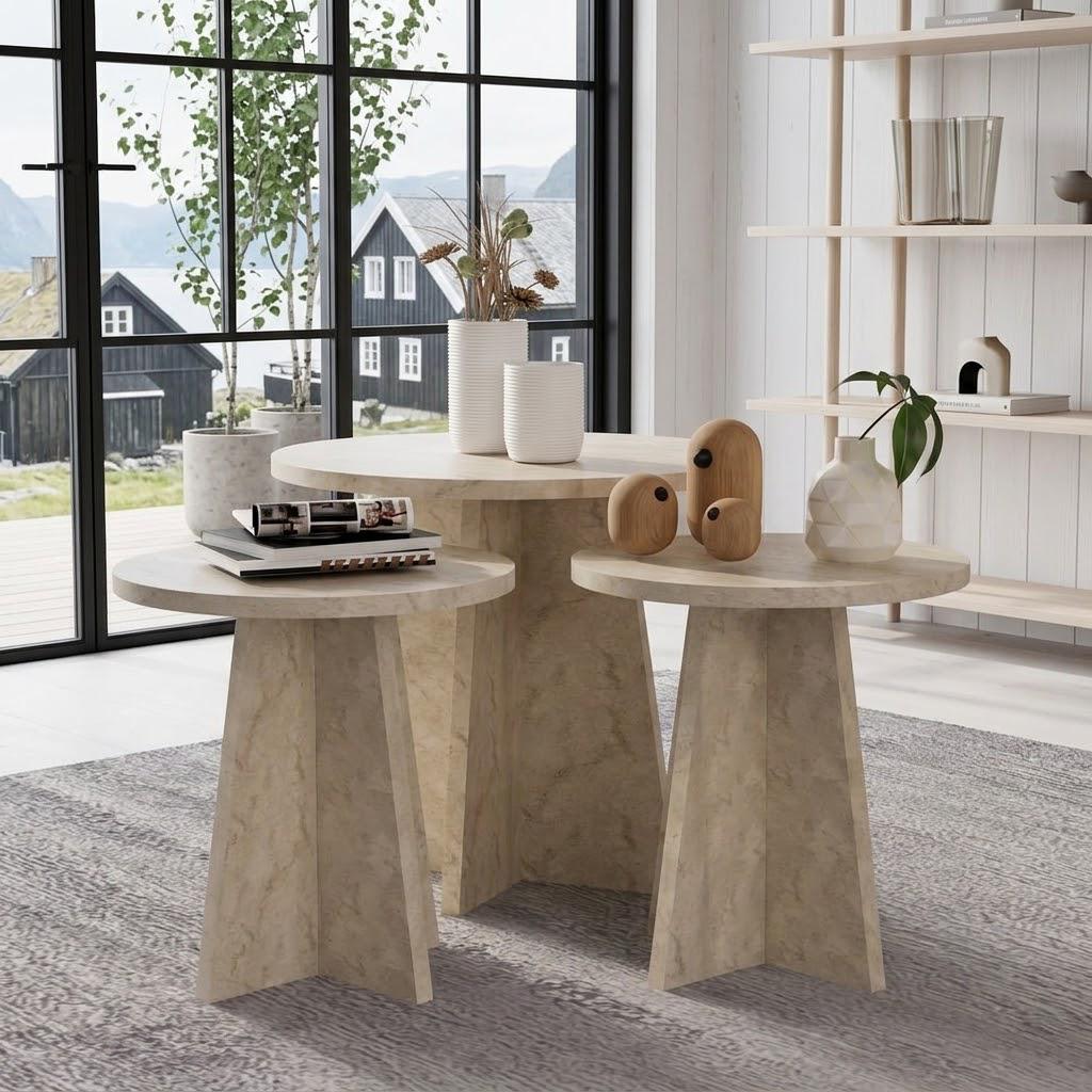 Scandinavian-Style Travertine-Look Mushroom Coffee Table Set – 3-Piece