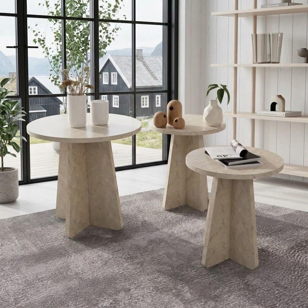 Scandinavian-Style Travertine-Look Mushroom Coffee Table Set – 3-Piece