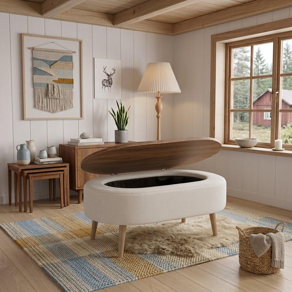 Oval Storage Coffee Table with Wooden Legs & Teddy Fabric Upholstery