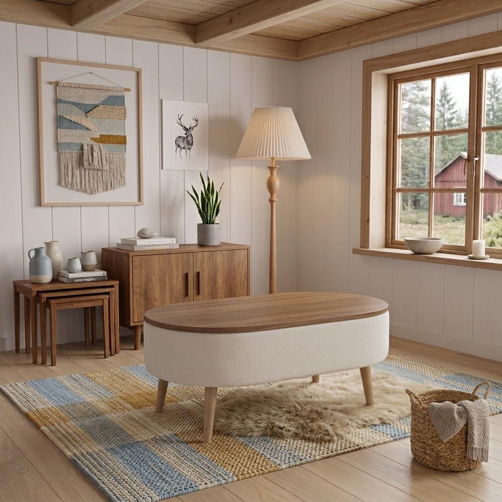 Oval Storage Coffee Table with Wooden Legs & Teddy Fabric Upholstery