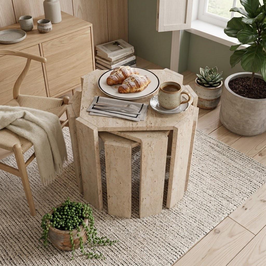 Travertine-Look Nesting Coffee Table Set of 3 | Modern Side Tables