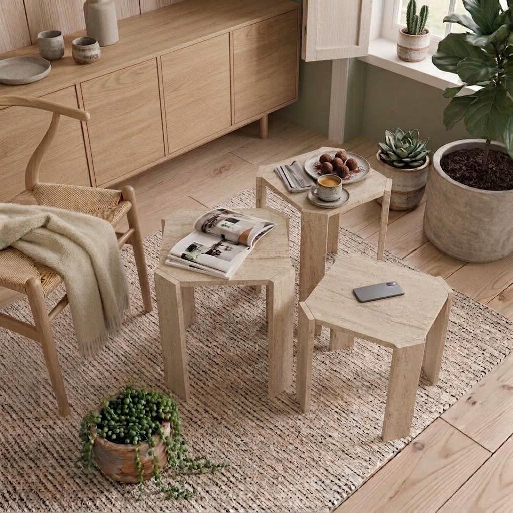 Travertine-Look Nesting Coffee Table Set of 3 | Modern Side Tables