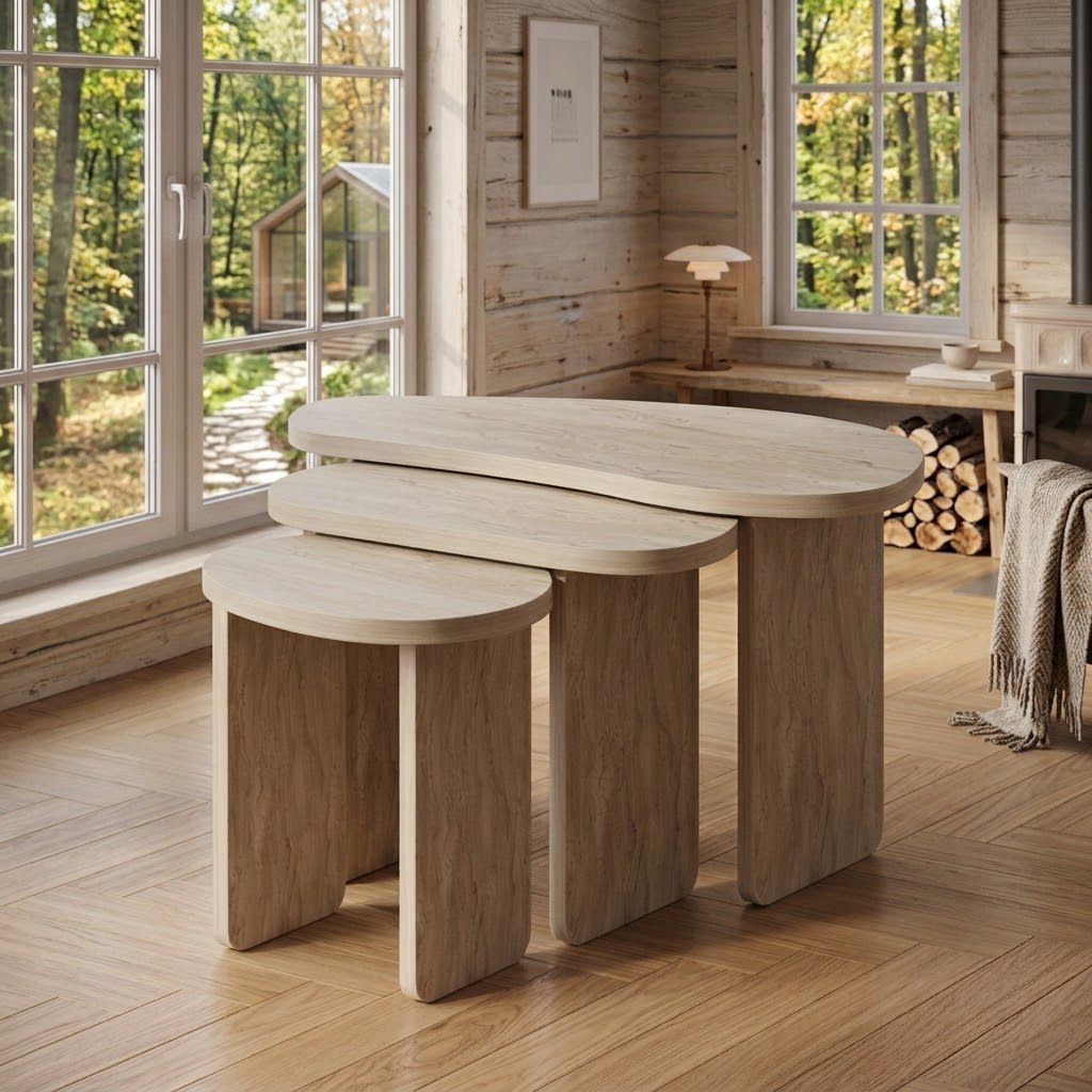 Travertine-Look Nesting Coffee Table Set of 3 – Modern Side Tables