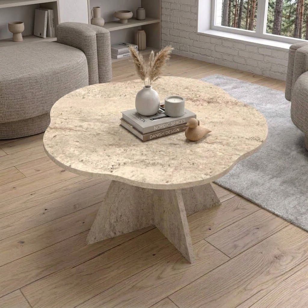 Flower-Shaped Travertine Look Coffee Table – Modern Sculptural Accent Table