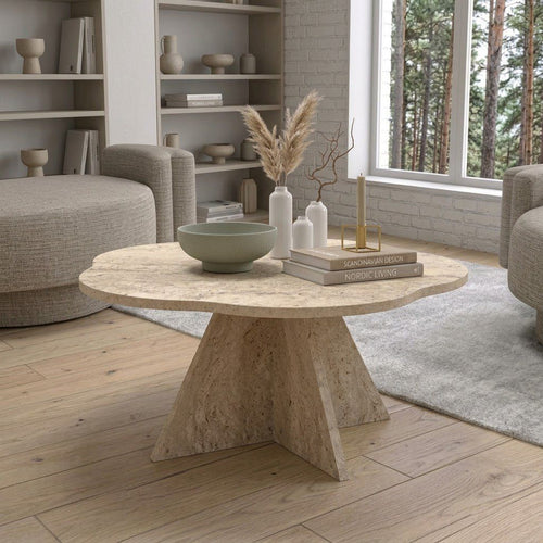 Flower-Shaped Travertine Look Coffee Table – Modern Sculptural Accent Table