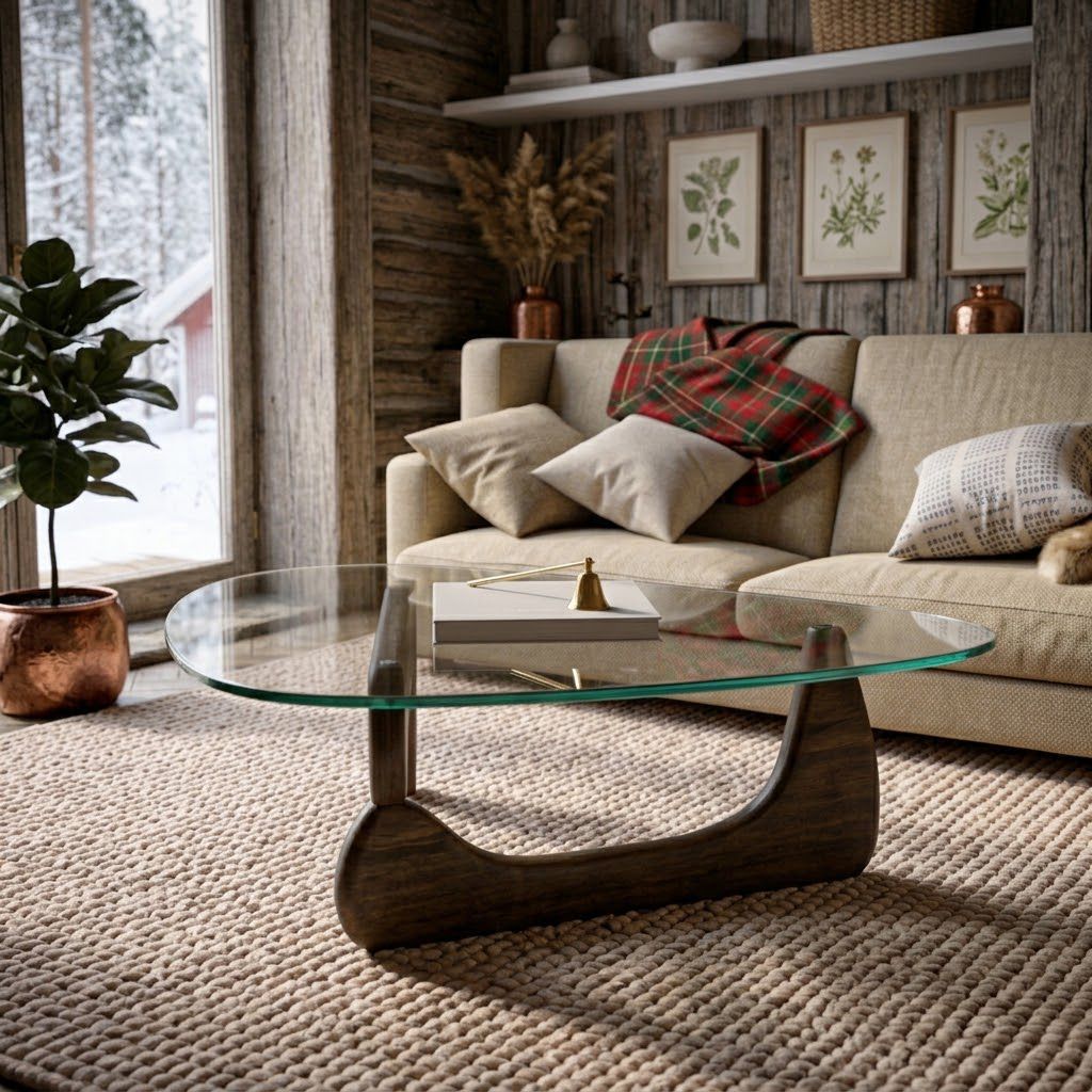 Organic Shape Tempered Glass Coffee Table | Walnut-Colored Wooden Base