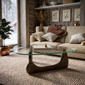 Organic Shape Tempered Glass Coffee Table | Walnut-Colored Wooden Base