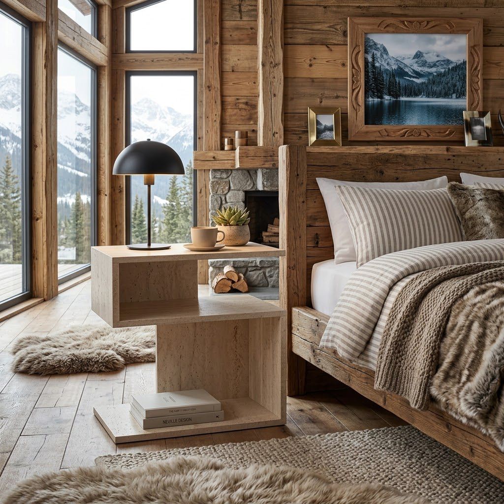 Scandinavian Travertine-Look C-Shaped Nightstand with Open Shelf